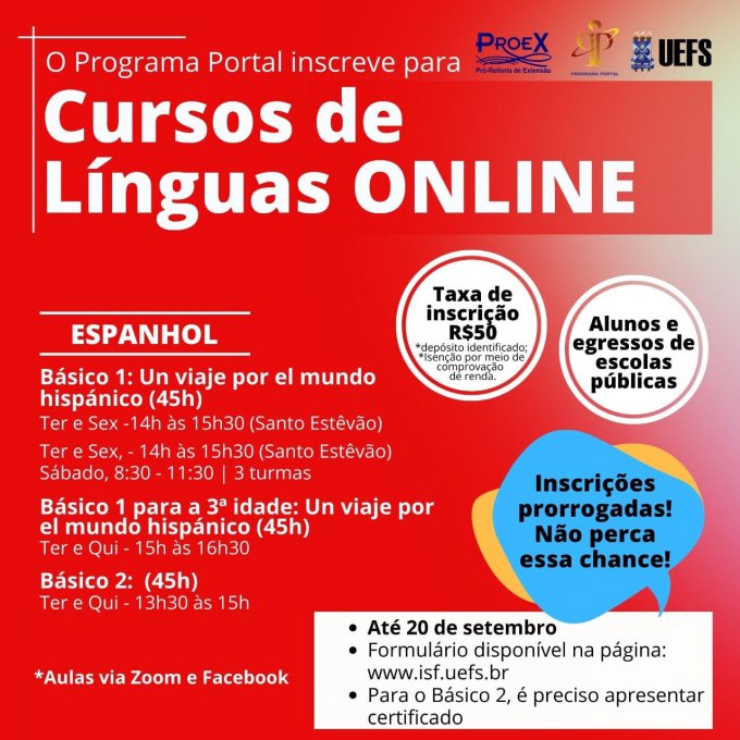 Programa Portal da Uefs inscreve para curso de Espanhol online 