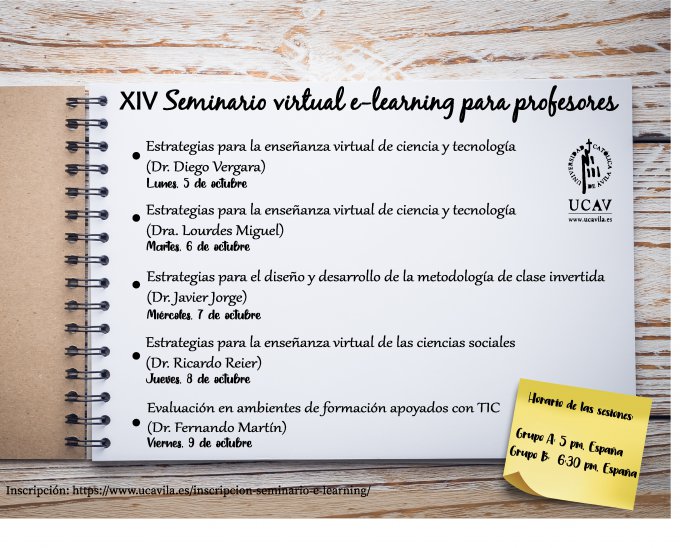 XIV Seminário virtual gratuito de e-learning para professores universitários da Universidad Católica de Ávila (Espanha)