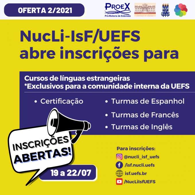 Núcleo de Línguas do Idiomas sem Fronteiras da UEFS (NucLi-IsF/UEFS) abre 650 vagas para cursos de línguas estrangeiras