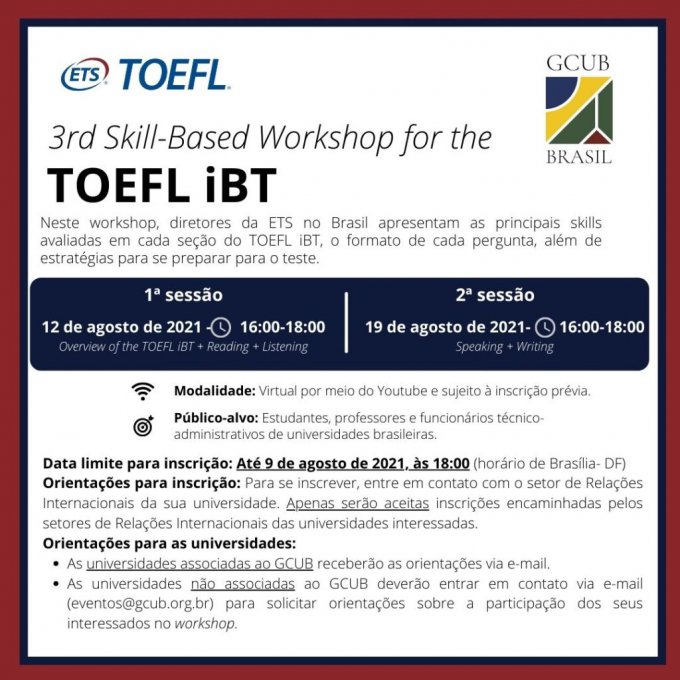 INSCRIÇÕES ABERTAS PARA O 3º SKILL-BASED WORKSHOP FOR THE TOEFL IBT TEST