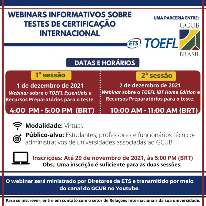 ABERTAS AS INSCRIÇÕES PARA WEBINARS INFORMATIVOS SOBRE OS EXAMES TOEFL IBT HOME EDITION E TOEFL ESSENTIALS